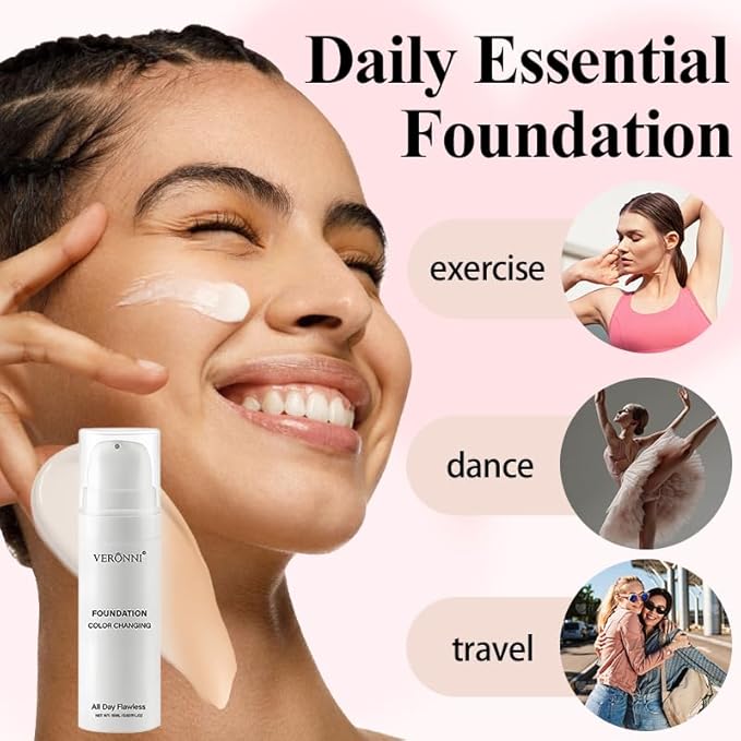 Color Changing Foundation 15ML, Liquid Makeup Colour Changing Full Coverage Flawless White Foundation with Conceale Long Lasting Moisturizing for All Skin Tones
