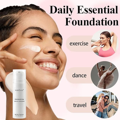 Color Changing Foundation 15ML, Liquid Makeup Colour Changing Full Coverage Flawless White Foundation with Conceale Long Lasting Moisturizing for All Skin Tones