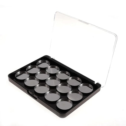 VANANA Magnetic Makeup Palette, DIY Empty Eyeshadow Blush Highlighter Cosmetics Case Holder Tray (Black (Clear Lid), 14x10cm - Palette & 15Pcs Round Pan)