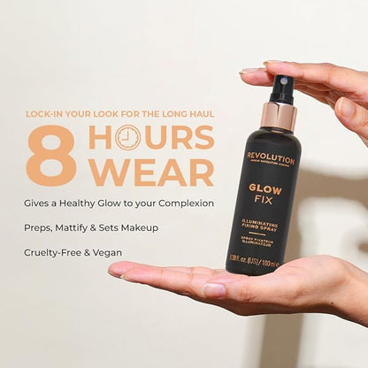 Makeup Revolution, Glow Fix Illuminating Fixing Spray, Glow Finish, Hydrating & Brightening Setting Spray for Face, Vegan & Cruelty-Free, 3.38fl.oz
