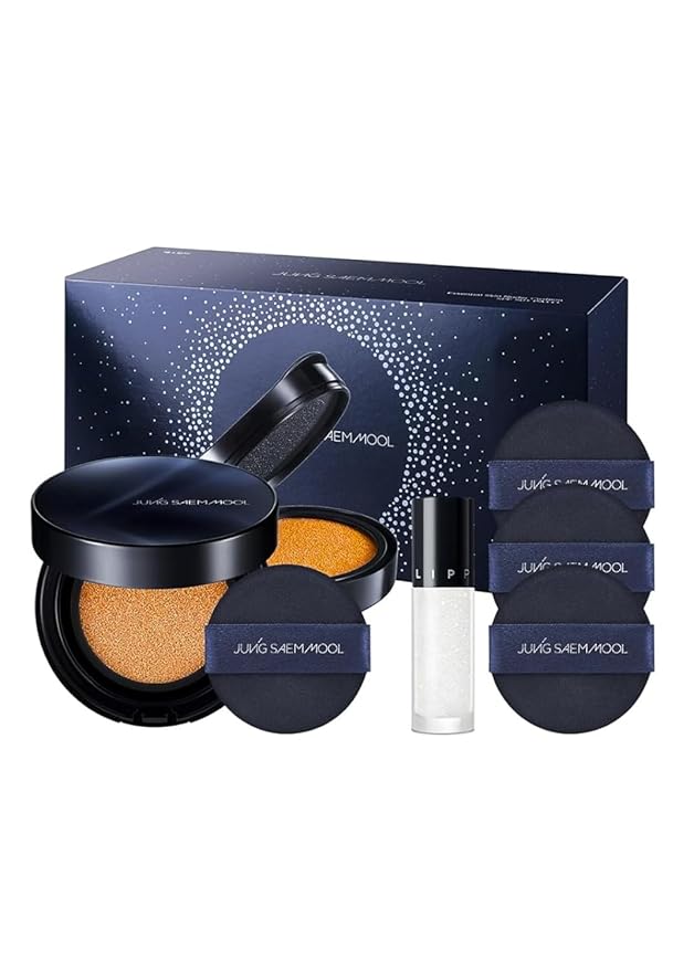 [JUNGSAEMMOOL OFFICIAL] Essential Skin Nuder Cushion Special Set (Medium Deep) | Nuder Cushion Navy Edition (Refill incl.) + Lip-Pression Glittering Topper + Navy Cushion Puffs (3pcs)