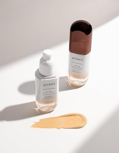 Emani Youth Defense Foundation with Hyaluronic Acid - Anti-Aging, Full Coverage - Protects Face and Brightens Skin Discoloration, Light