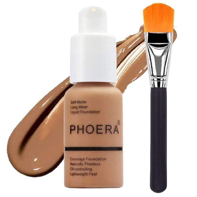 Phoera Foundation Set with Makeup Brush - Matte Cream Foundation Kit with 107 (Honey) Shade & Applicator - Full Coverage Concealer - 24hr Oil Control - 30ml