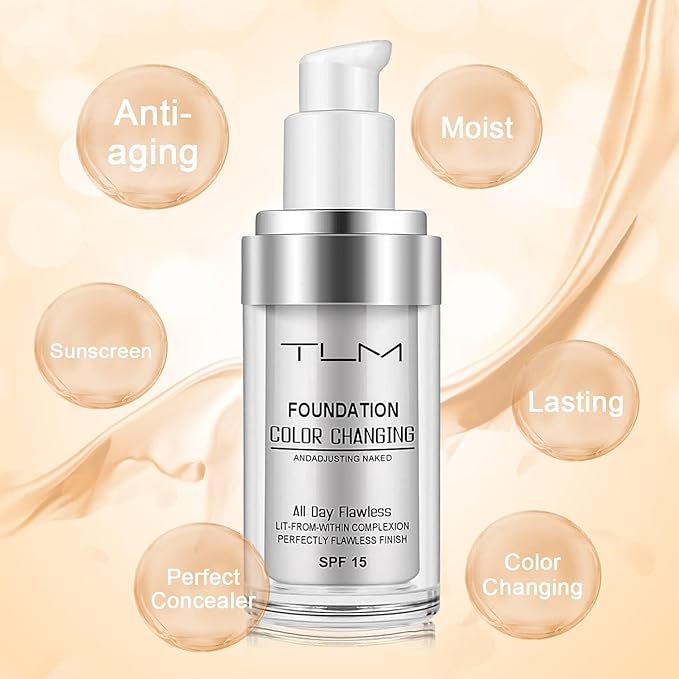 TLM Color Changing Liquid Foundation, Flawless Color Changing Warm Skin Tone Foundation for Mature Skin, BB Cream Makeup Base Concealer Cover Moisturizing Fluid for all Skin Tone SPF15 (30ML)