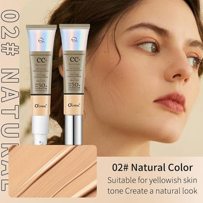 Color Correcting CC Cream, 2 Colors Natural & Ivory SPF 50 CC Cream Foundation Full-Coverage Concealer Invisible Pore Evens Skin Tone Hydrating Lightweight Long Lasting Waterproof 1.05 fl oz