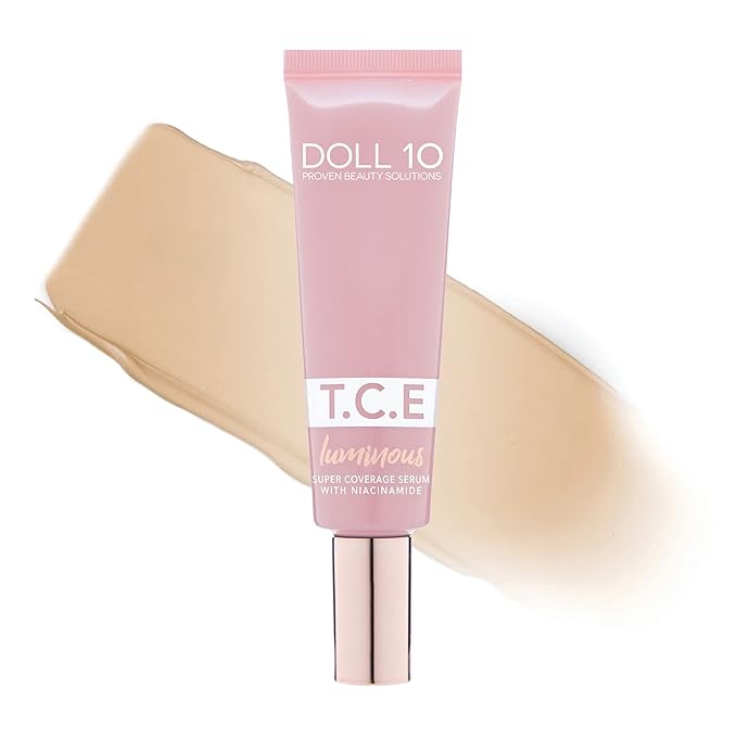 Doll 10 TCE Luminous Super Coverage Serum with Niacinamide - Full Coverage Tinted Foundation Makeup (Medium)