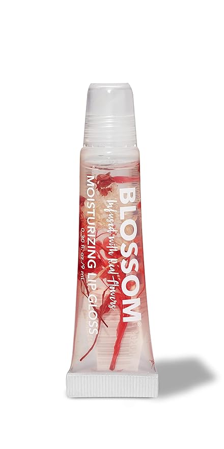 Blossom Lip Gloss Tubes, Strawberry Scented Thick Clear High Shine Moisturizing Flower Lip Gel with Nourishing Jojoba Seed Oil, Infused with Real Flowers, 0.3oz, Strawberry