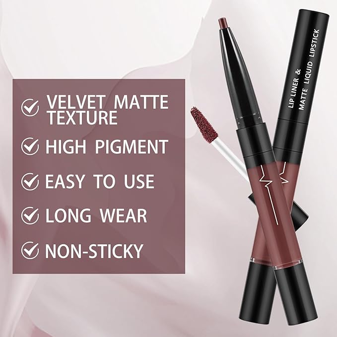 2 In 1 Matte Lip Gloss and Lip Liner,Waterproof Lipstick,Highly Pigmented Lip Sticks,Quick Drying,Dual-Ended Lip Sticks