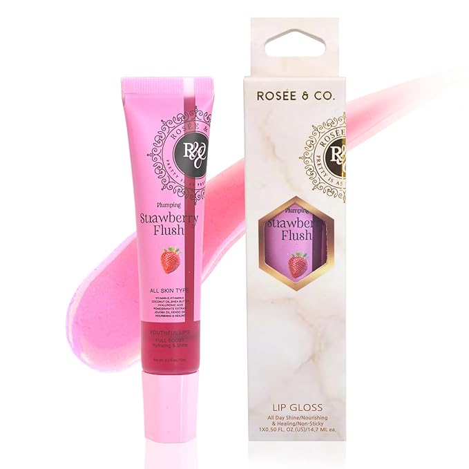 ROSÉE & CO Rosee Lip Gloss Vegan & Cruelty Free Treatment, Professional Make up, Long Lasting Glossy with Shea Butter, Moisturize, Protect & Smooth, High Shine, Non-Sticky (g. Strawberry Flush, 0.5)