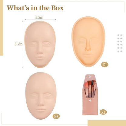 Silicone Mannequin Face Set - 8 Pcs, Practice Face Board, 8 Makeup Brushes for Permanent Makeup & Art Creation