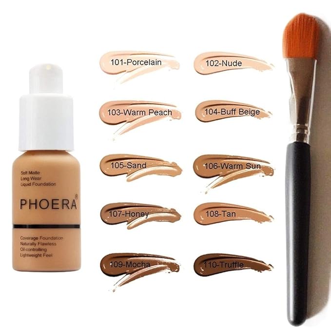 Phoera Foundation Set with Makeup Brush - Matte Cream Foundation Kit with 109 (Mocha) Shade & Applicator - Full Coverage Concealer - 24hr Oil Control - 30ml