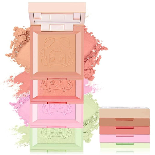 4 in 1 Blush Palette, 4 Colors Matte Face Powder Blush for Cheek, Coral Orange, Hot Pink, Lavender Purple, Refresh Green Face Rouge Long Lasting High Pigment Lightweight Korean Blush Makeup04#