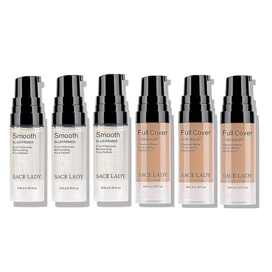 Face Primer Makeup(3Pcs) & Full Cover Concealer(3Pcs) Women Makeup Set, Smooth Creamy Cosmetic Perfectly Cover Face Body Blemishes,Tattoos,Brown Spots,Eye Circles