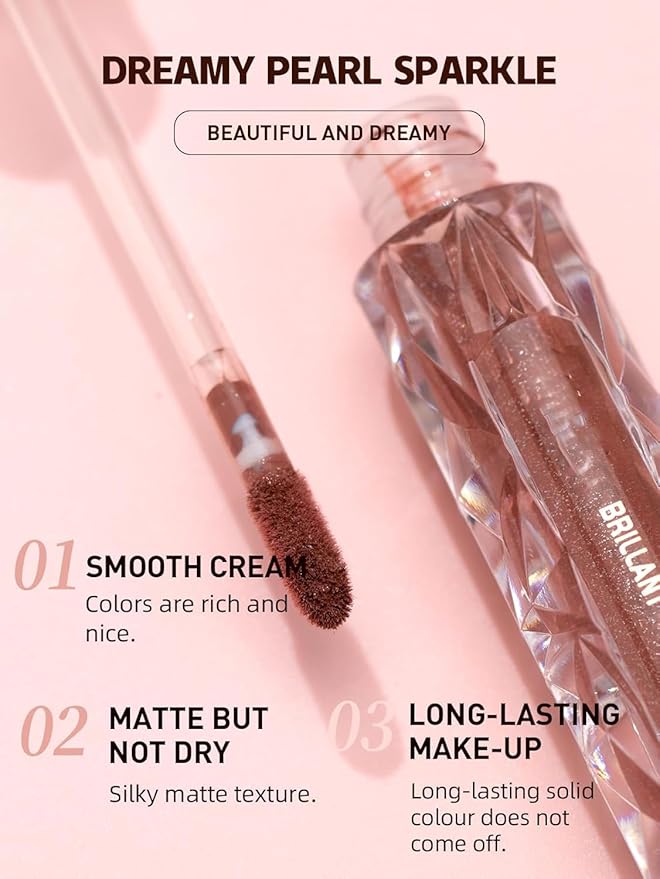 Diamond Matte Nude Lip Gloss, Glitter Metallic Liquid Lipstick Glitter Shimmer Lip Glaze, Shimmery Finish, High Pigment Long Lasting Lip Gloss Tint Christmas Party Makeup (#02)