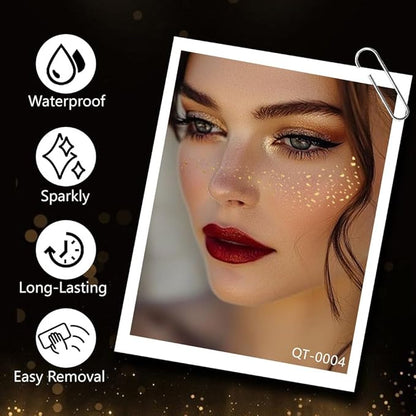 8Ps Face Glitter Speckles Patches, 2Colors 4Styles Glitter Freckles Face Tattoo, Glow Up Makeup Patches, Cute Glitter Makeup Accessories for Women, Cosmetic Glitter for Face Gift