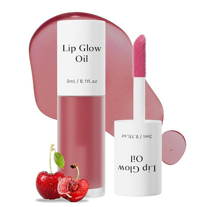 Hydrating Lip Glow Oil - Tinted Moisturizing Lip Gloss Plumping Non-Sticky Long-Lasting Shiny Fruit Flavor Lip Stain, 0.10 Fl Oz (Cherry)