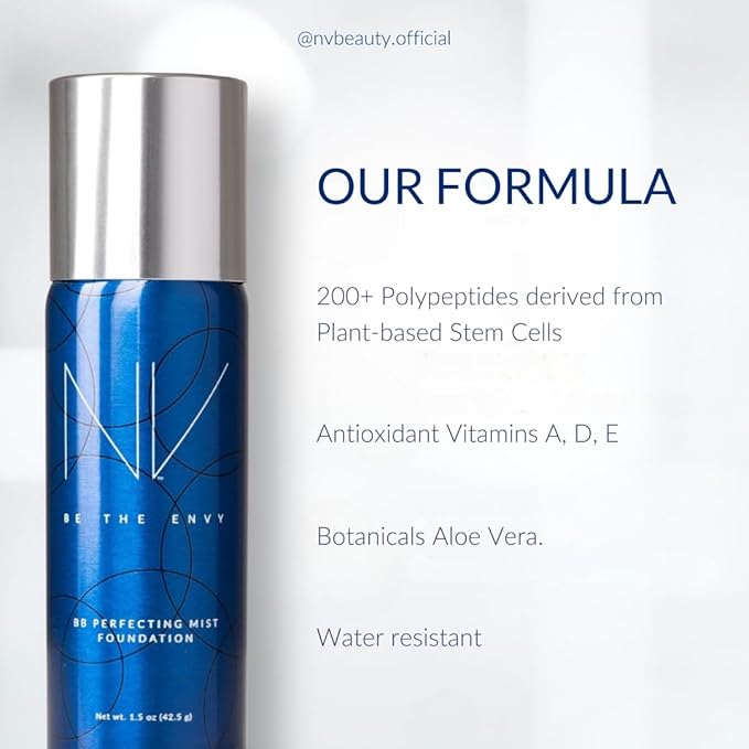 NV BB Perfecting Mist Foundation Buildable Coverage Professional Airbrush Makeup with Plant-based Stem Cell Polypeptides, Vitamins A, D, E and Aloe, 1.5 ounces, Warm Ivory