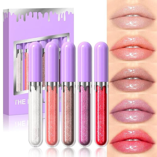 5Pcs Glitter Liquid Lip Gloss Set, Diamond Shimmer Lipstick, Waterproof Shimmer Lip Stain Lip Glaze, High Shine Long Lasting Shiny Lip Color Makeup (Set:Y-01)