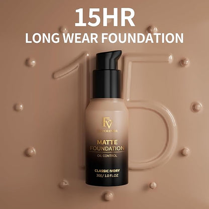 FV Full Coverage Liquid Foundation, Lightweight & Concealing, Long Lasting Matte Foundation Makeup with Flawless Finish, Oil Control Waterproof Foundation for Oily Skin (Classic Ivory Matte)