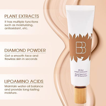 BB Cream Tinted Moisturizer With Spf, Tinted Moisturizer For Face, BB Tinted Care Primer With Brush, Spf Primer For Broad Spectrum Protection, Waterproof, Sweatproof (Natural, Brush*1)