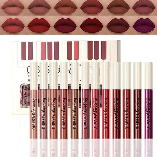 12Pcs Matte Liquid Lipstick Set, Dark Bright Red 24-hour Lip Gloss Kit Long-Lasting Waterproof Lip Stain Non-Stick Cup Not Lipgloss Set for Women