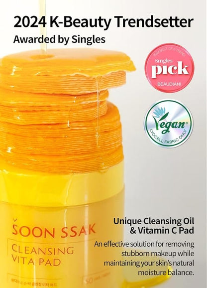 Soonssak Vitamin C Cleansing Face Pads – 50 Count, Gentle Makeup Remover, Hydrating & Exfoliating Facial Wipes