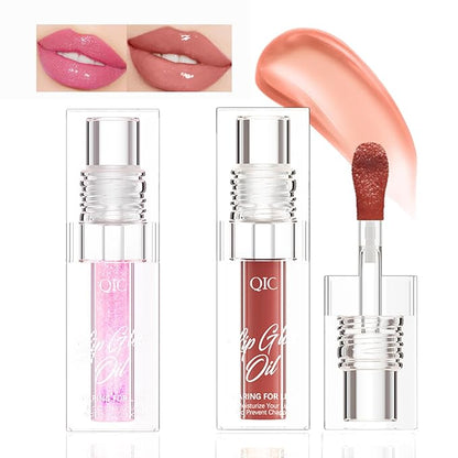 2PCS Magic Color Changing Lip Oil, Warm Change Moisturizing Lip Gloss Lip Oil Hydrating Lip Oil, Upgraded Long Lasting Nourishing Magic Big Brush Color Changing Lip Oil（Pink+Red）