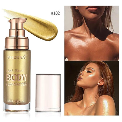 PHOERA High Gloss Waterproof Body Luminizer Glitter Face Shimmer Moisturizer Lotion Tan Cream Foundation Makeup Bronzer AQUAPURITY (102 Metallic Gold)