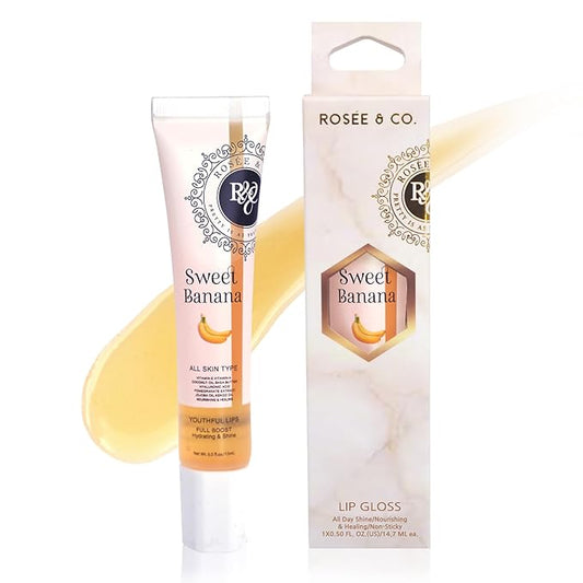 ROSÉE & CO Rosee Lip Gloss Vegan & Cruelty Free Treatment, Professional Make up, Long Lasting Glossy with Shea Butter, Moisturize, Protect & Smooth, High Shine, Non-Sticky (s. Sweet Banana, 0.5)