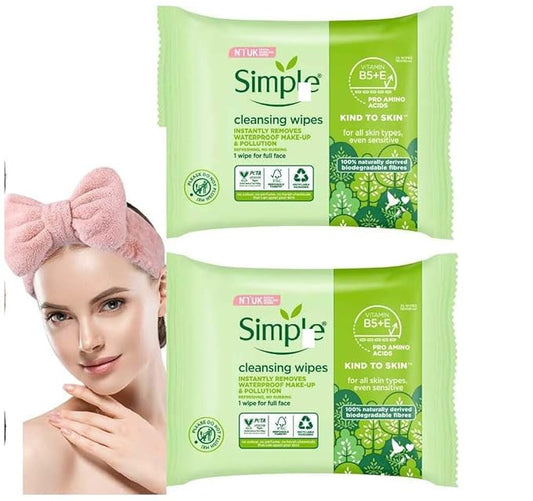 VibePack Kind to Skin Facial Wipes Gentle and Effective Makeup Remover Cleansing 2 Pack + Face Wash Headband