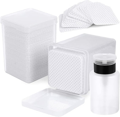 400 Pieces Nail Cotton Pads,1 Pull-Down Pump Dispenser Bottle, Super Absorbent Soft Non-Woven Eyelash Glue Wipes, Nail Polish dehumidifier for Eyelash Extension Products and Nail Oil Bottle (White)