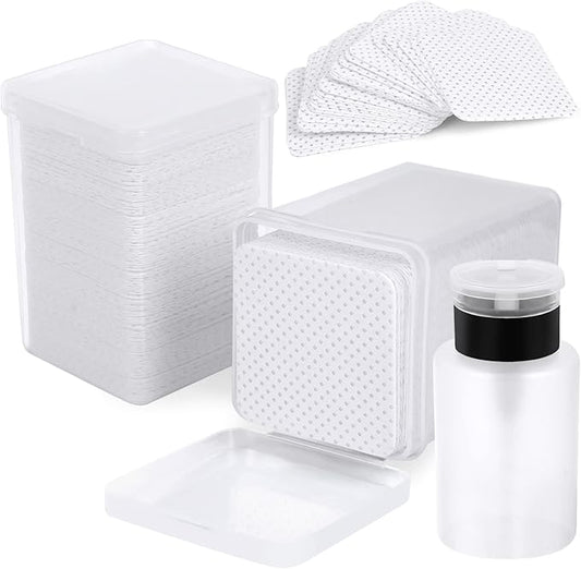 400 Pieces Nail Cotton Pads,1 Pull-Down Pump Dispenser Bottle, Super Absorbent Soft Non-Woven Eyelash Glue Wipes, Nail Polish dehumidifier for Eyelash Extension Products and Nail Oil Bottle (White)