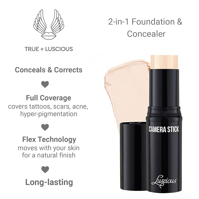 Camera Stick Foundation by True + Luscious - Full Coverage Cream Foundation - Non-Comedogenic & Hydrating Formula - Vegan, Paraben Free, & Cruelty Free - 0.49 oz (Shade 000: Porcelain)