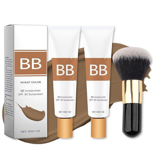 BB Blur Tinted Moisturizer, BB Moisturizer Spf 30, BB Tinted Primer with Brush, Full Coverage Light-Medium Skin Color Hydrating & Smoothing (Wheat Color)