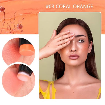 Cream Blush Stick for Cheeks - 2 in 1 Multi Makeup Blush with Brush for Cheeks Tint & Eyes & Lips, Waterproof Smooth Creme Texture, Long-lasting Wear All Day, #03 Coral Orange