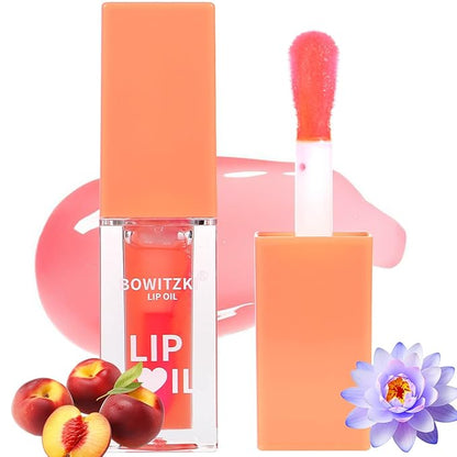 Bowitzki Lip Oil Lip Glow Gloss Hydrating Transparent Tinted Nourishing Long Lasting Lip Balm Care Moisturizing Repairing Lightening Lip Lines Blue Lotus Tocopherol Squalane (Peach)