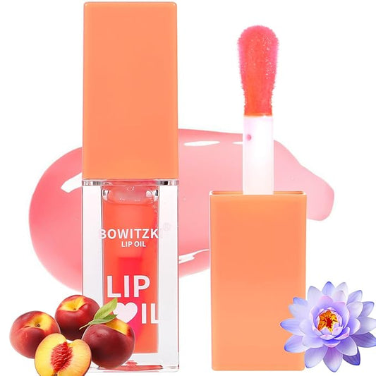 Bowitzki Lip Oil Lip Glow Gloss Hydrating Transparent Tinted Nourishing Long Lasting Lip Balm Care Moisturizing Repairing Lightening Lip Lines Blue Lotus Tocopherol Squalane (Peach)