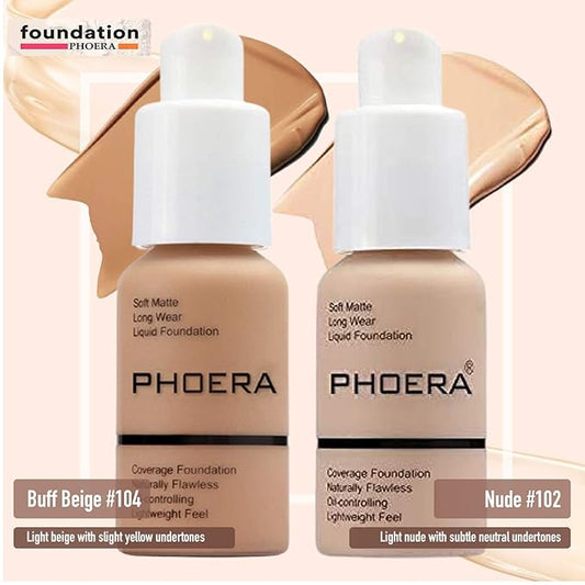 Phoera Foundation Full Coverage Makeup Set - Includes Nude & Buff Beige 30ml Matte Foundation, 6ml Face Primer PLUS Liquid Foundation Brush & Silicone Blender Sponge for Easy Application
