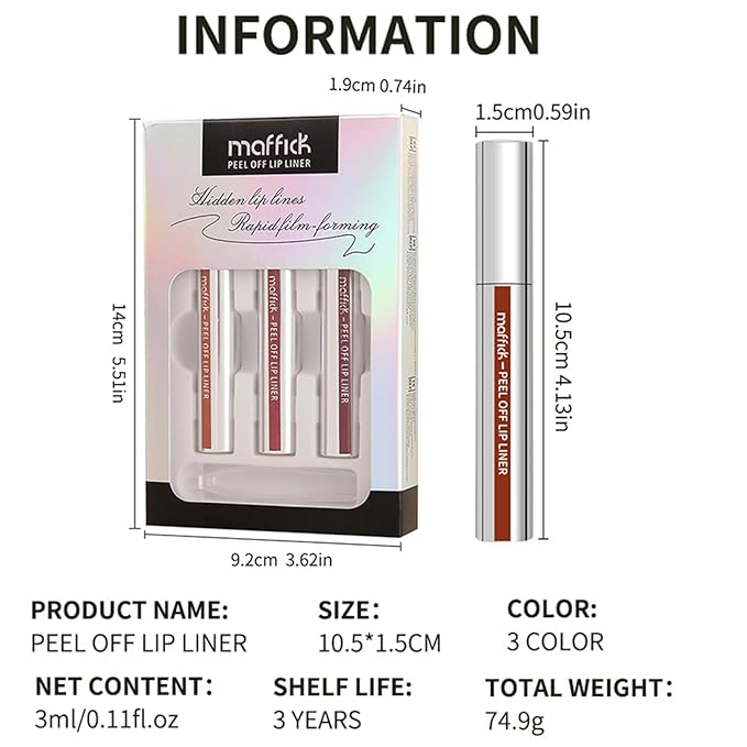 3PCS Lip Liner，Peel Off Lip Liner Tattoo, Peel Off Lip Stain, Long Lasting Lip Stain Peel Off, Infused with Hyaluronic Acid & Vitamin E, Makeup Gift for Women