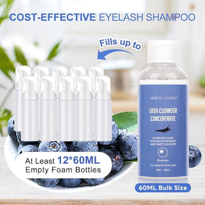 Eyelash Cleanser Concentrate 60ml Professional Lash Extensions Shampoo Natural Foaming Cleanser for Extensions Lashes with Salon Home Care-Makes 12 Bottles 60ml Eyelash Shampoo (Blueberry)