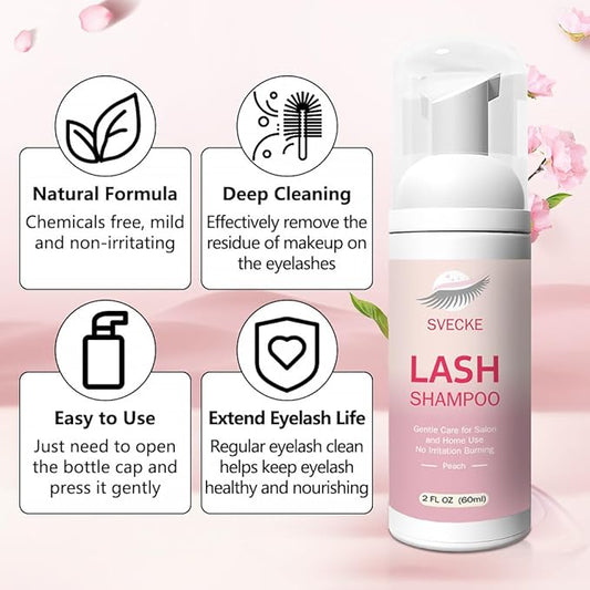 Lash Shampoo Kit for Eyelash Extension, Eyelash Shampoo 2 fl.oz / 60ml, Eyelash Extension Cleanser, Lash Eyelid Foam Cleaning Kit for Salon Use and Home Use (Peach)