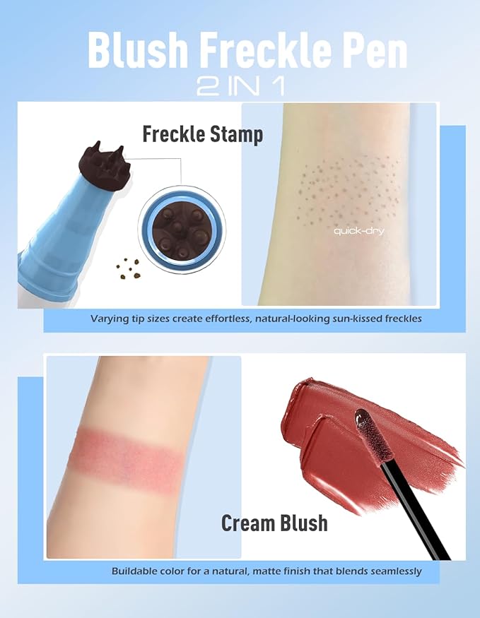 Freckle Pen Blush 2 in 1 Lifelike Dark Brown Freckle Stamp Coral Orange Liquid Blush for Cheeks Quick Dry Fake Freckles Long Lasting Faux Freckles Tattoo Marker for Natural Sunkissed Makeup