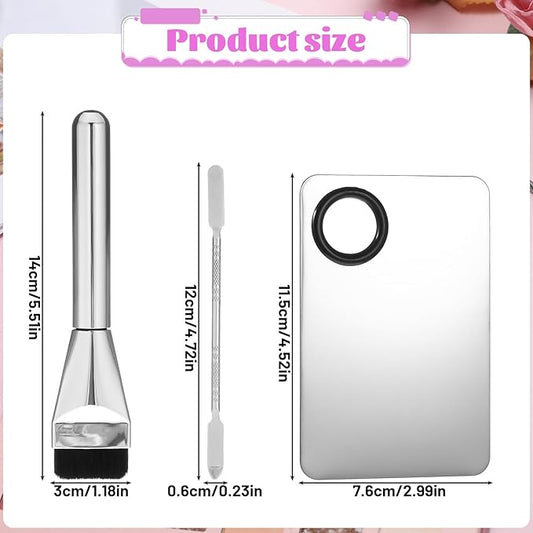 3 Pcs Make Up Spatula Tool with Makeup Mixing Palette, Foundation Spatula, Makeup Brush, Makeup Palette Tray, Makeup Accessories for Women Girls Reusable Facial Cosmetic Spatula Tool(Metal)