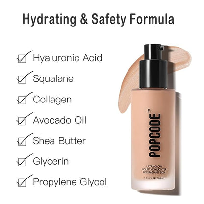 Ultra Glow Liquid Highlighter Makeup for A Glowing Skin, Soft-Focus Look, Enriched with Hydrating Squalane Oil - Wear Alone or Under Makeup, Vegan & Cruelty-Free(1.56 oz)