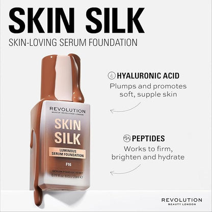 Revolution, Skin Silk Serum Foundation, Light to Medium Coverage, Lightweight & Radiant Finish, Contains Hyaluronic Acid, F1 Fair Skin Tones, 0.77 fl oz