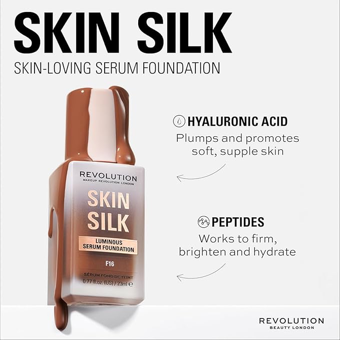 Revolution, Skin Silk Serum Foundation, Light to Medium Coverage, Lightweight & Radiant Finish, Contains Hyaluronic Acid, F9 Medium Skin Tones, 0.77 fl oz