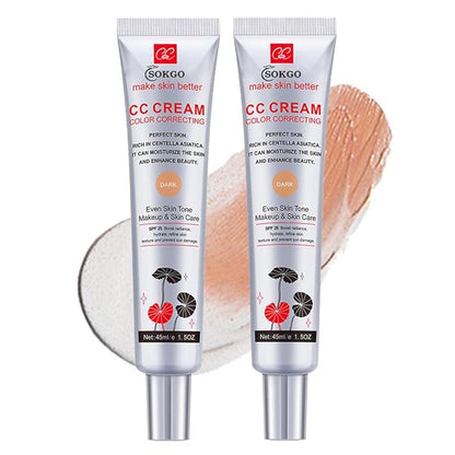 Color Correcting CC Cream with SPF 25, Coverage Lightweight Foundation, Hydrating Serum, Even Skin Tone Makeup and Skin Care, Boost Radiance, Refine Skin Texture, Avoid Sun Damage (2PCS Dark, Large)