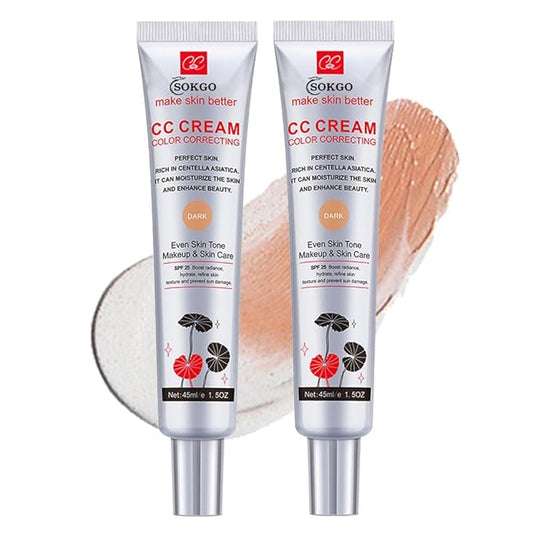 Color Correcting CC Cream with SPF 25, Coverage Lightweight Foundation, Hydrating Serum, Even Skin Tone Makeup and Skin Care, Boost Radiance, Refine Skin Texture, Avoid Sun Damage (2PCS Dark, Large)