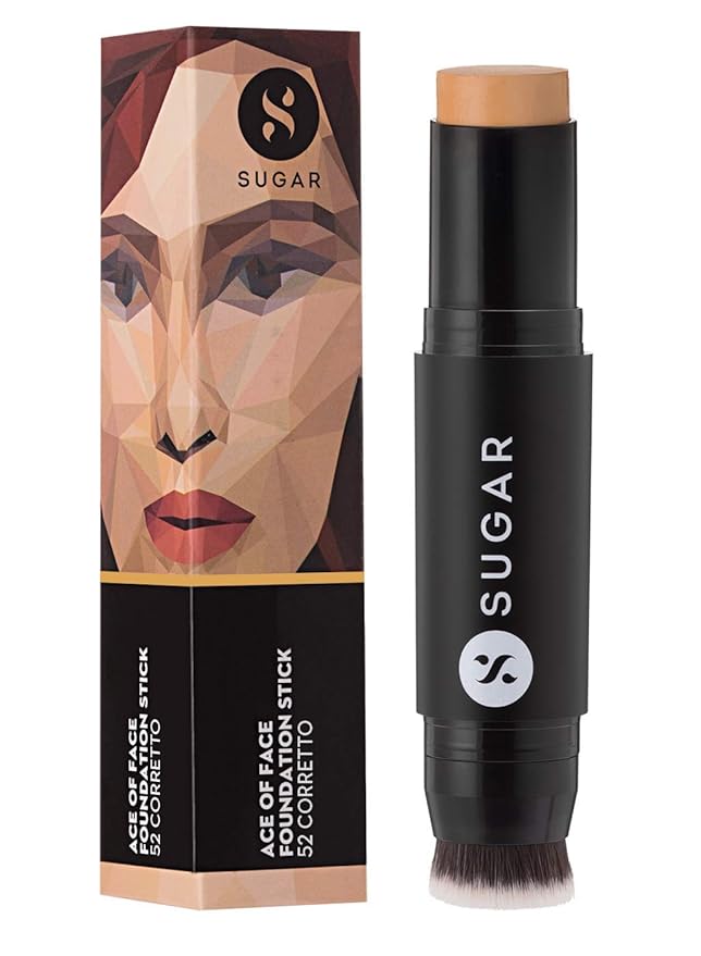 SUGAR Cosmetics Ace Of Face Foundation Stick with Inbuilt Brush - 52 Corretto (Tan, Yellow Undertone) Full Coverage Waterproof Matte Finish