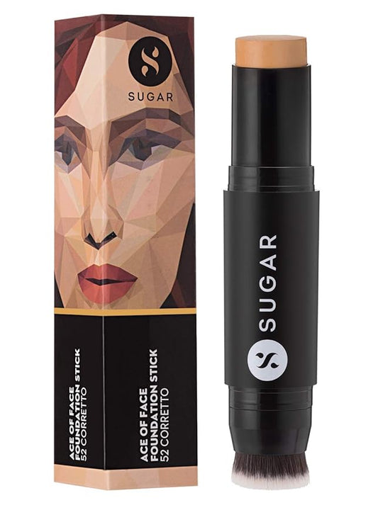 SUGAR Cosmetics Ace Of Face Foundation Stick with Inbuilt Brush - 52 Corretto (Tan, Yellow Undertone) Full Coverage Waterproof Matte Finish